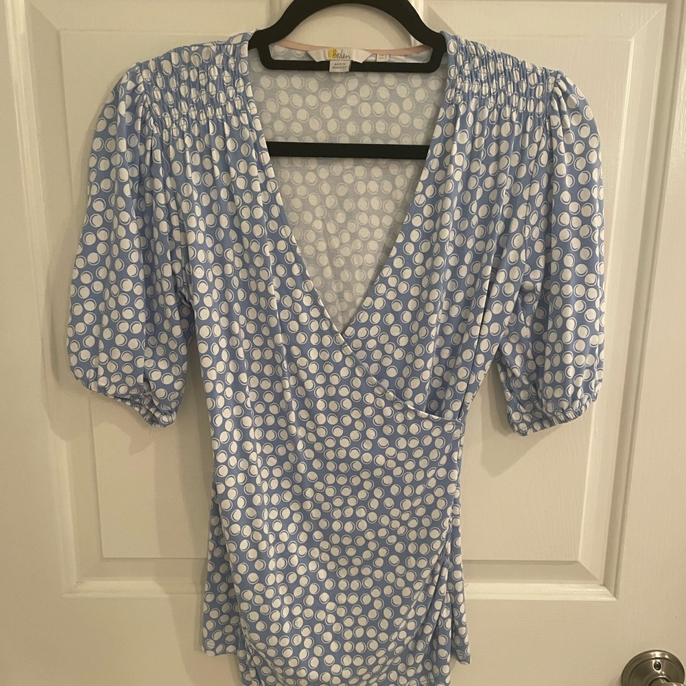 Boden Light Blue and White Polka Dot Blouse